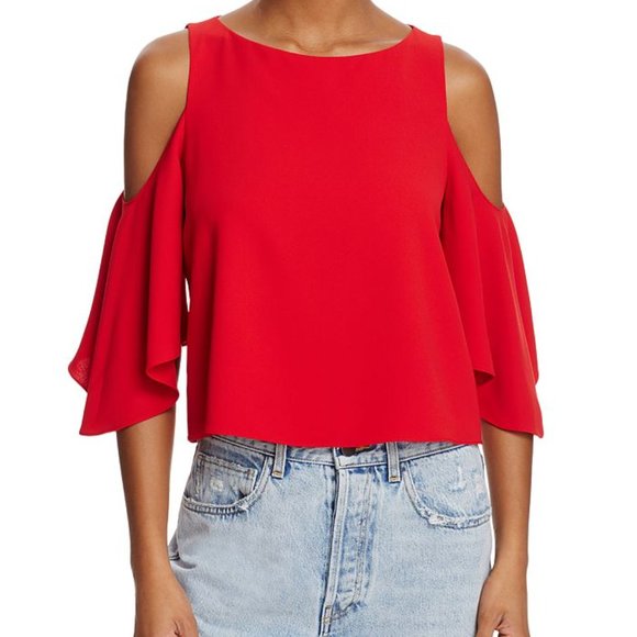 alice + olivia Coralee Blouse, Cold-Shouldered Flutter Sleeve size 2 Deep Ruby - Picture 2 of 8